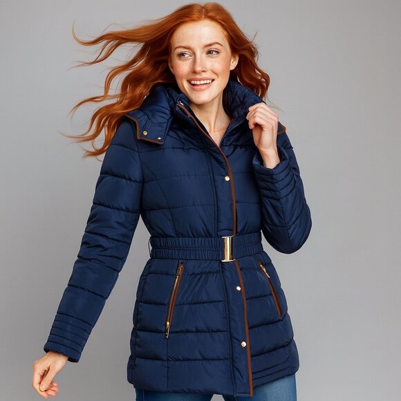 Ellen Rose Jackets & Blazers - Ellen Rose Women's Navy Quilted Belted Puffer Coat Hooded Long Size M Classic